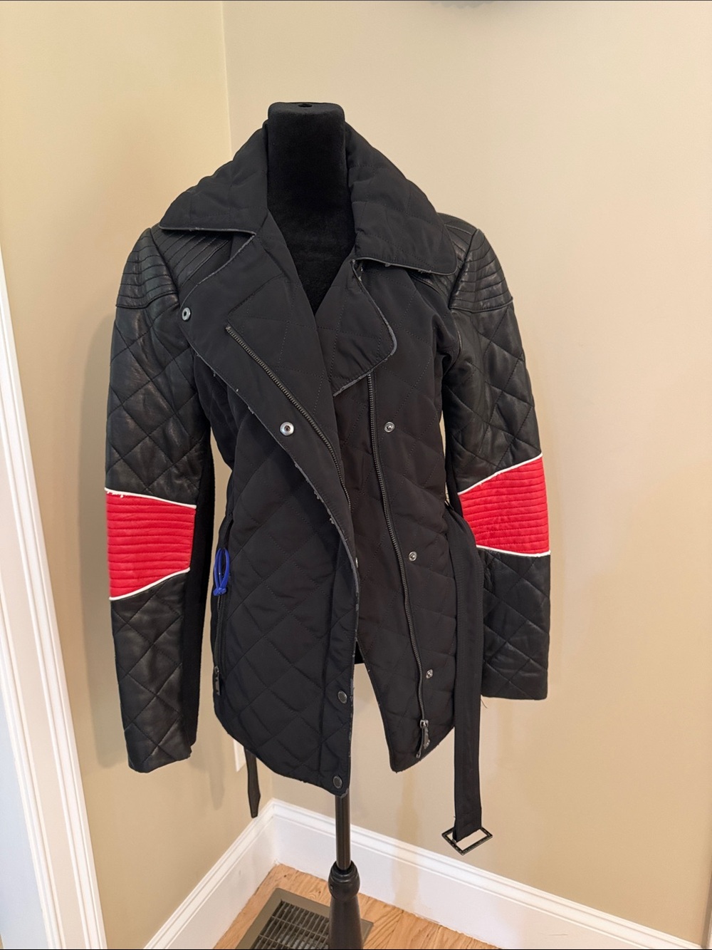 BCBGMaxAzria Black Quilted Puffer Jacket with Red Sleeve Panels